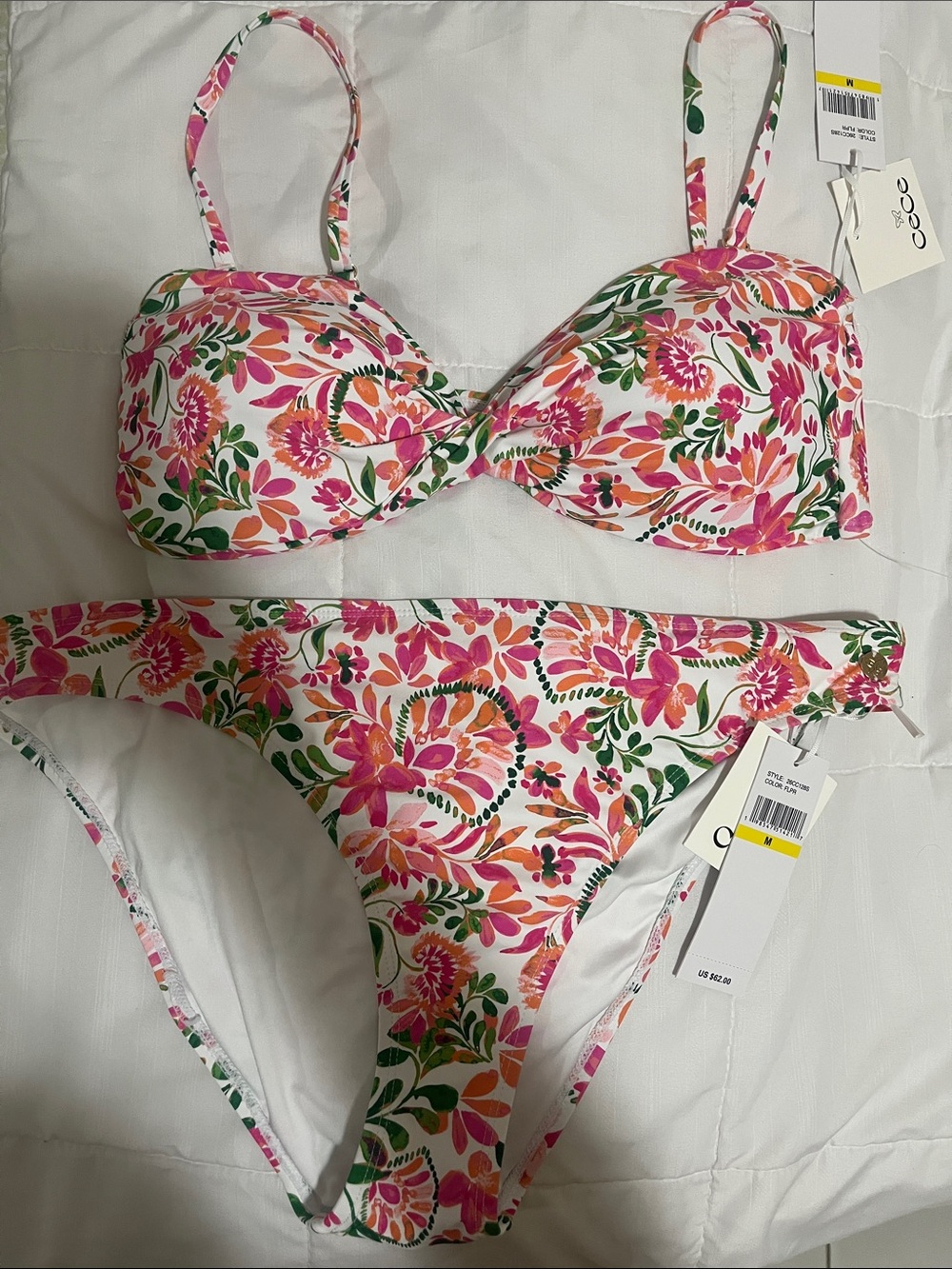 CeCe Pink and Green Floral Twist-Front Bikini Set